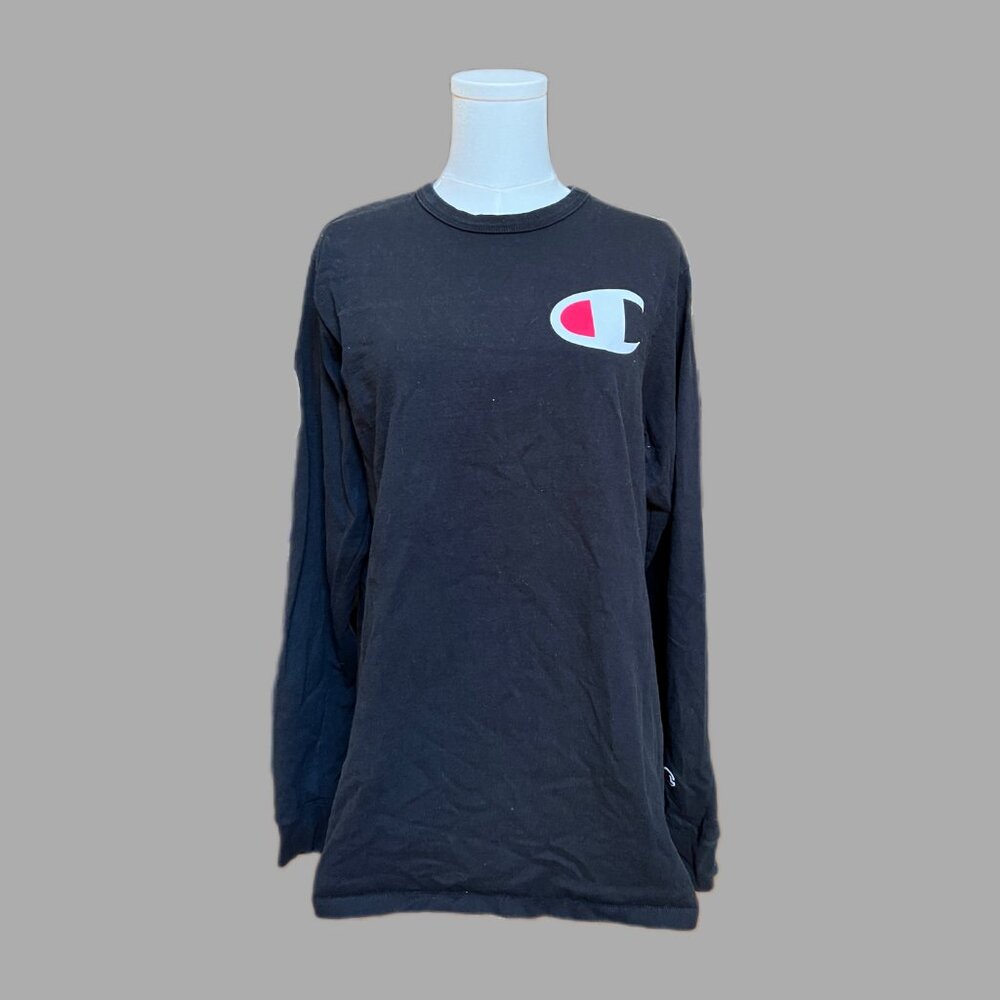 Unisex Champion Black Long Sleeve Shirt Size Large with logo on sleeve
